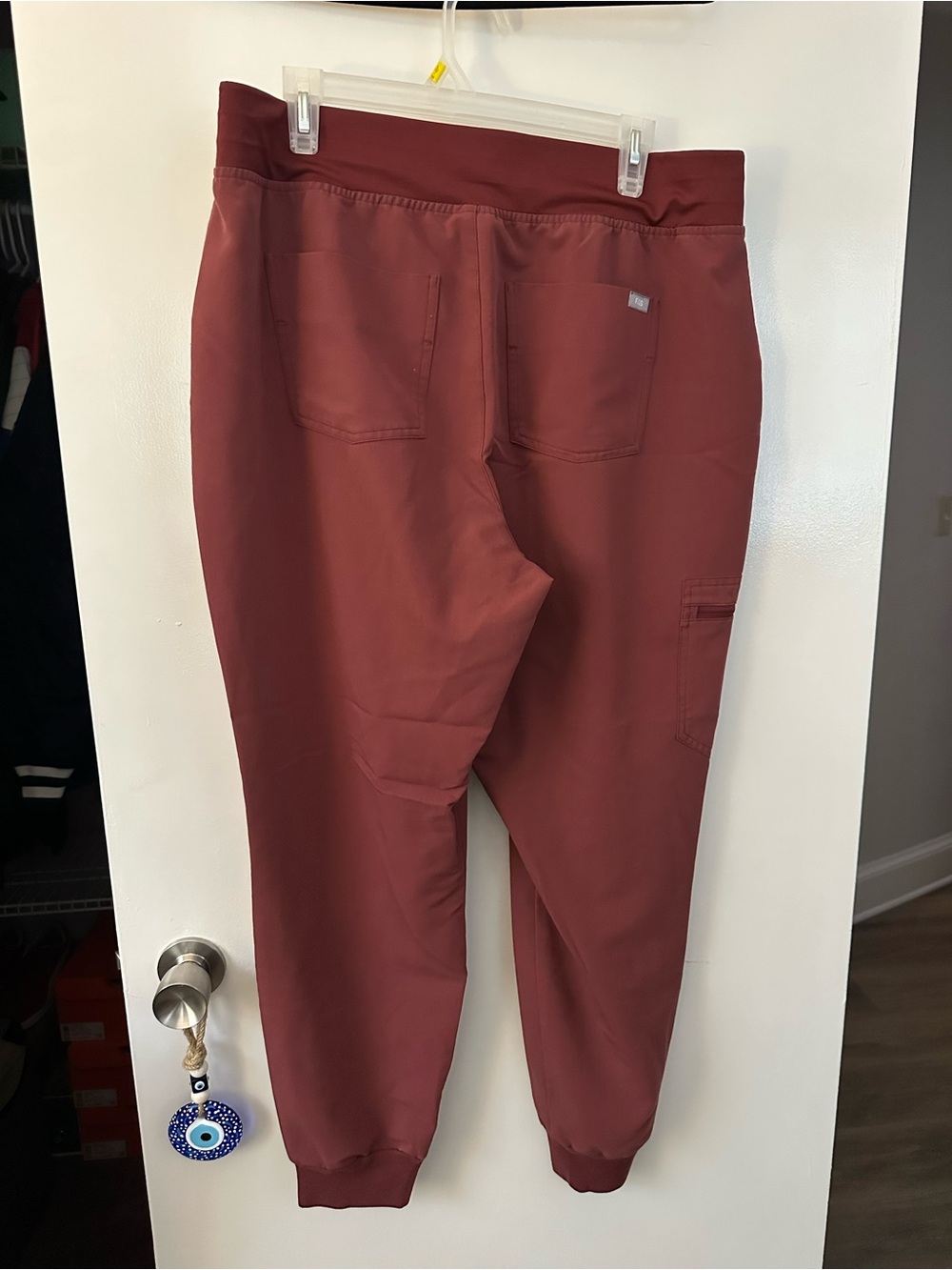 Figs Women's Jogger Pants in Brick Red with Taupe Drawstring - Picture 2 of 3